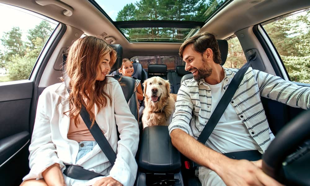 Family photo with dog in car