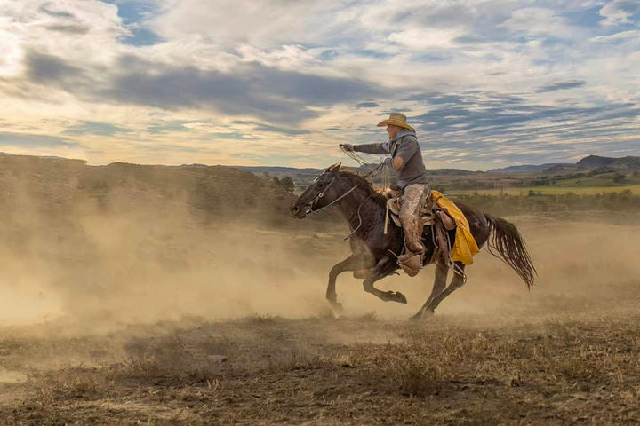 A wild west cowboy galloping on a horse on a ranch