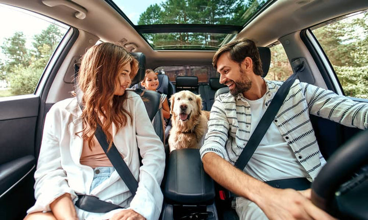 Family photo with dog in car